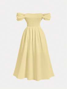 SHEIN MOD Yellow Off-Shoulder Ruched Romantic Summer Maxi Dress, Plus Size,Birthday Dresses For Women - Yellow - View 2