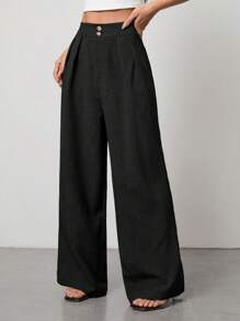 SHEIN PETITE Pantalones formales de pierna ancha y cintura alta plisados en color caqui, adecuados para vacaciones de verano - Negro - Ver 5