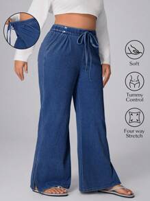 SHEIN Unity Pantalones vaqueros anchos con cintura elástica y cordón para mujer talla grande, para otoño y festivales - Azul - Ver 6