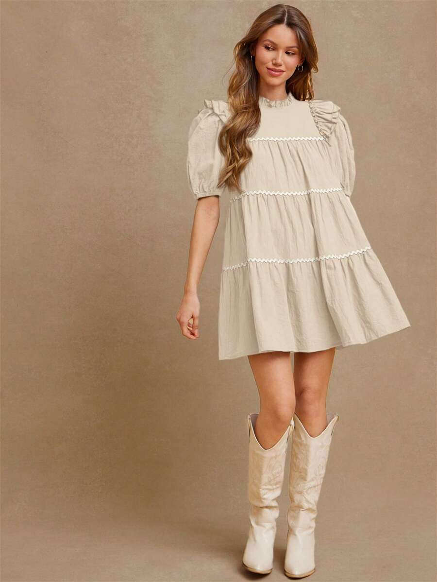 WESTFADE Contrast Trim Mock Neck Ruffle Sleeve Tiered Mini Dress Western Wear Women - Khaki - View 1