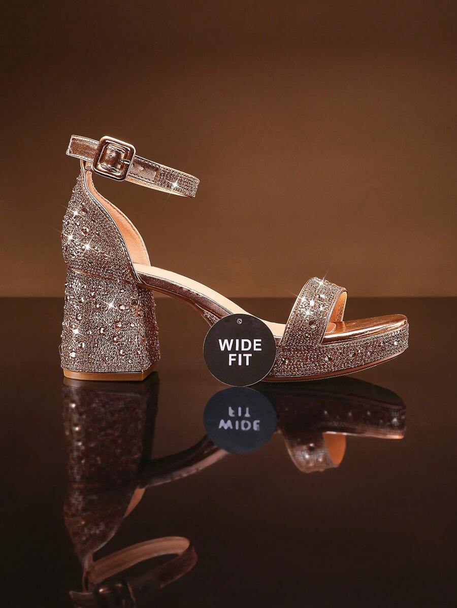 SHUZIA Women's Wide Fit Multi-Cut Crystals & Stabilized Block Heel Rose Gold Dress Sandal-Adjustable Ankle Lock With Plush Velvet Lining For Wedding Guest To Gala Nights Mother's Day Present For Christmas Valentine's Day - Metallic Rose Gold - View 1