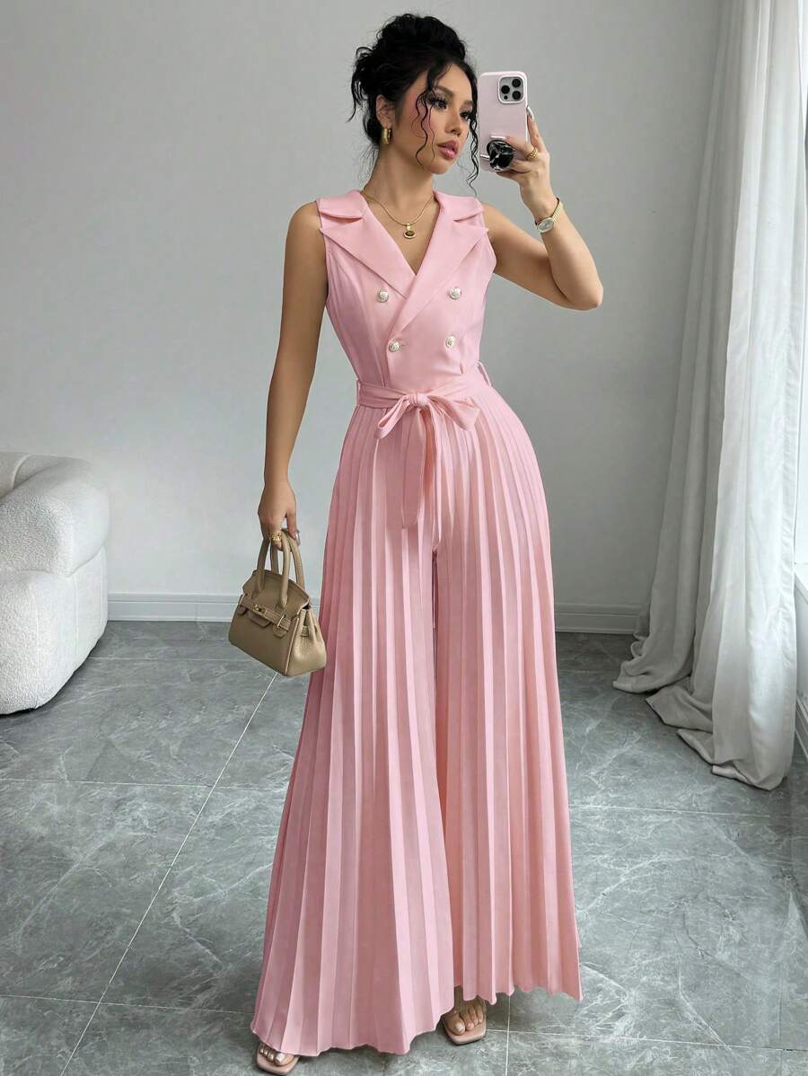 Elenzga 女士优雅杏色双排扣褶皱连体裤，春/秋 - 淺粉色 - 查看 1