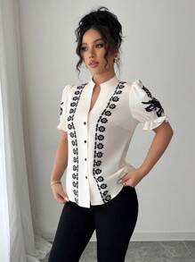 Elenzga 优雅度假风印花缺口领泡泡袖衬衫 - 彩色 - 查看 6