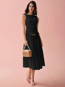 Enchnt Spring/Summer Romantic Women's Black Pleated Crew Neck Casual Tank Top,Sweet&Elegant For Holiday &Sweet Date&Daily&Vacation - Black - View 6