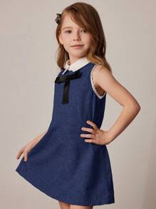 PrepCrw 年轻女孩有领无袖修身梭织连衣裙，黑色，春/夏 - 深色水洗藍 - 查看 5