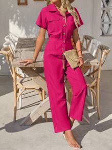 EMERY ROSE Mono casual de una sola pieza para mujer con mangas cortas y bolsillo utilitario - Rosa Fucsia - Ver 8