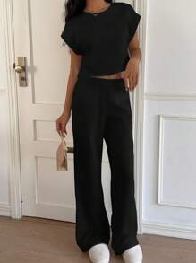 CovetEZ 女士黑色针织短袖上衣和裤子家居服套装