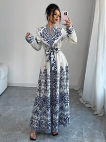 SHEIN Tall 女式印花长袖收腰连衣裙 - 彩色 - 查看 4