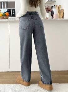EURMUSE Calça jeans feminina cintura alta com bolso, perna reta, solta, casual e versátil - Cinza claro - Ver 2