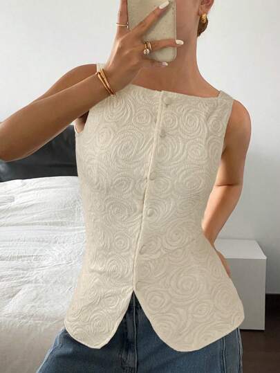 Siren Gaze 女士单排扣提花方领无袖时尚衬衫