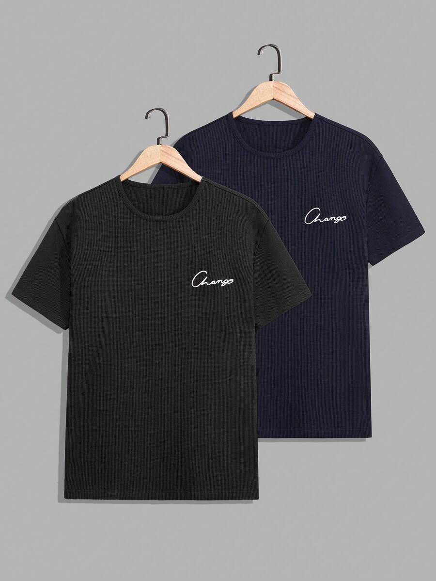 RueChic Men Embriodery Waffle Fabric Regular Short Sleeve T-Shirt Set - Multicolor - View 1