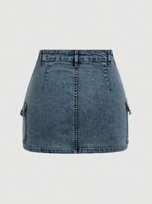 SHEIN MOD 女士休闲洗水牛仔工装裙 - 藍色 - 查看 2