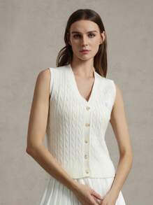 Briarwyn 女士休闲无袖单排扣扭纹针织上衣夏季女士商务休闲装 - 杏色 - 查看 10