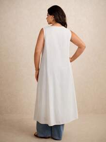 Elaquor 大码女式休闲无袖开衩长款衬衫，夏季