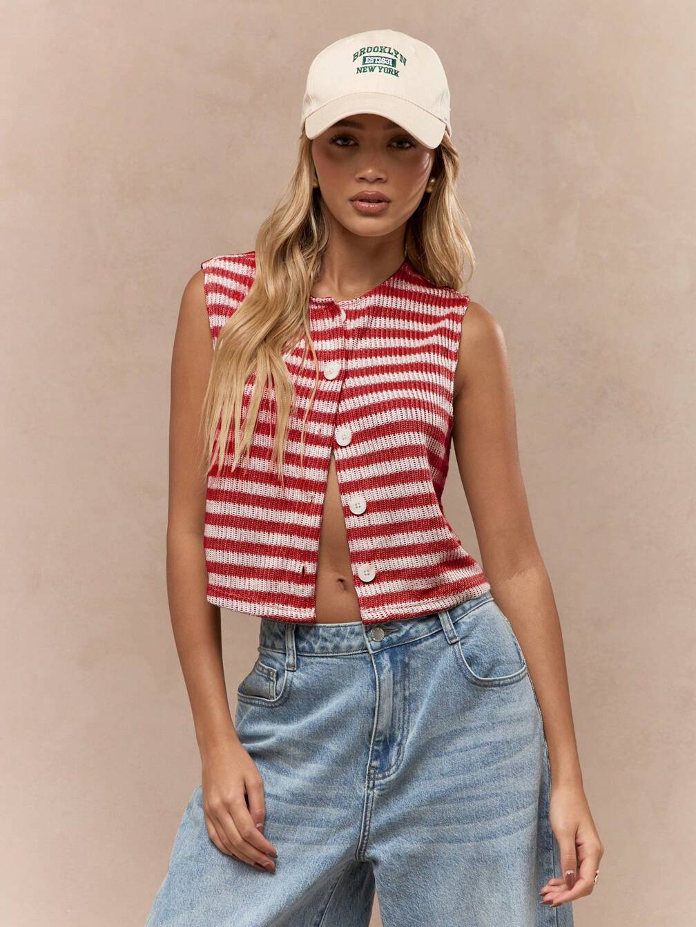 MISSGUIDED レトロスタイルのボタンフロントストライプニットクロップ
