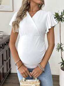 SHEIN Maternity V-Neck Ruffle Sleeve Tight Fitting T-Shirt - White - View 3