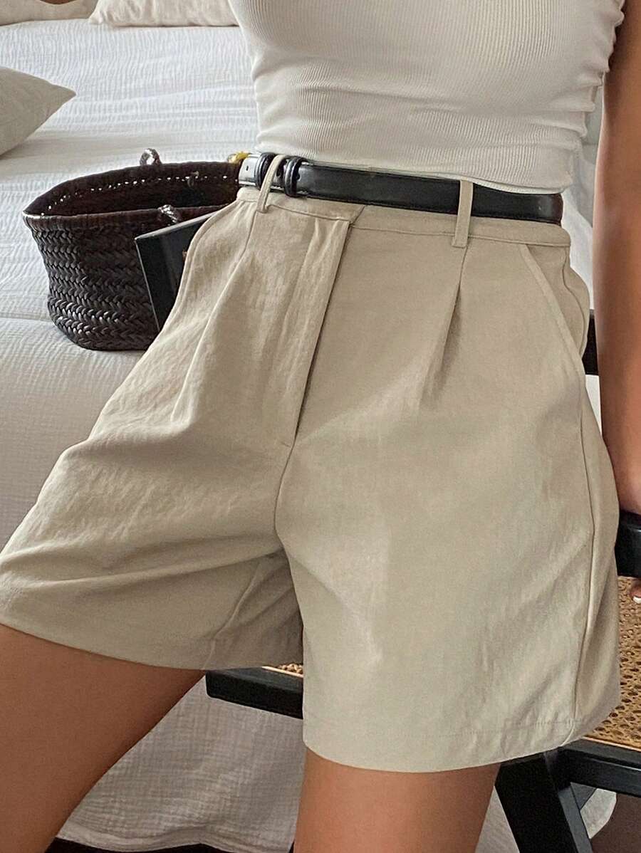 DAZY Solid Color Casual Straight Pockets Women Summer Shorts - Khaki - View 1