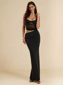 SHEIN BAE Abito canotta estivo nero traslucido plissettato e traforato, abito sexy da vacanza, abito trasparente