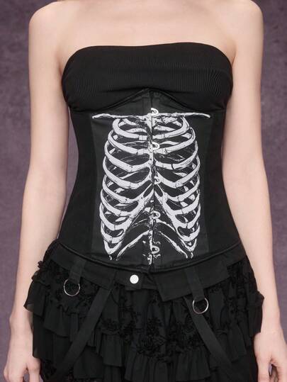 Grunge Punk 1pc Women Skeleton Graphic Decor Tie Waist Daily Casual Dark Style Top