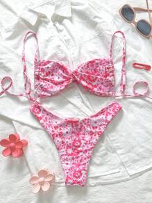 Swim Mod Bikini da donna per la primavera, a fascia sottile, con stampa floreale piccola a caso, con dettaglio intrecciato davanti, per l'estate