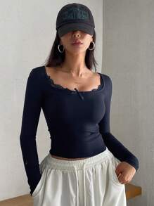 DAZY Women Lace Patchwork Bow Decor Casual Sexy Round Neck Long Sleeve Slim Fit T-Shirt