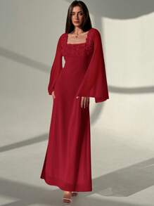 Aloruh Square Neck 3D Floral Bell Sleeve Long Fish Tail Romantic Date Dress For Women - Burgundy - View 1