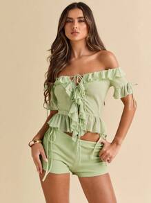 SHEIN BAE Pantalones cortos de mujer elegantes y elásticos de textura verde claro para verano, vacaciones a la playa, conciertos, presentaciones, festivales de música. Atuendo de mujer para conciertos, conciertos de country, clubes, y atuendos sexy