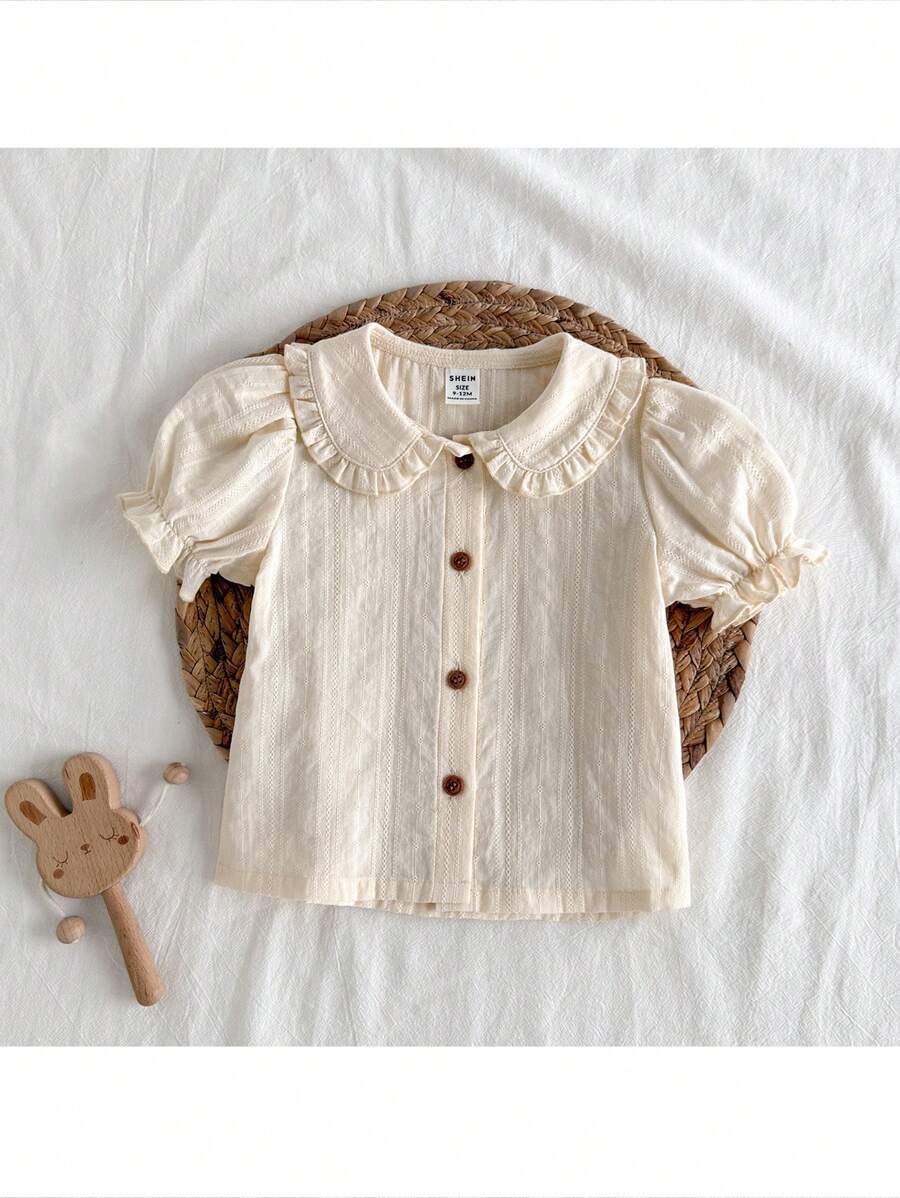 Loomiva Baby Girl Solid Color Ruffle Trim Bubble Sleeve Top, Casual & Versatile