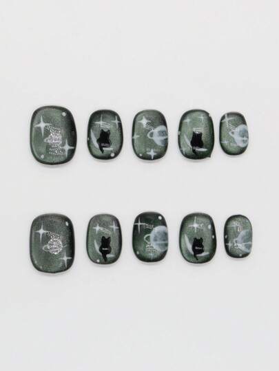 Fairycore 10pcs Handmade Cute Stars, Moon, Cat Design False Nails With 3pcs Double-Sided Adhesive, Removable Glitter Cartoon Hand-Painted Nail Art Stickers, High Quality Cat Eye Glossy Colorful Nails, Suitable For Festivals, Parties, Dancing And Daily Wear