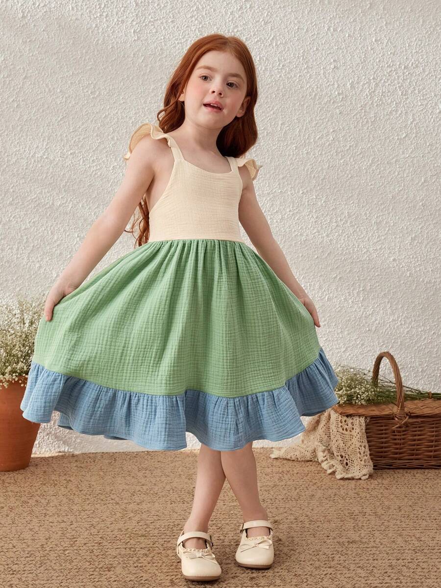 Blossori Gaun Tenun Gaya Prancis Elegan dengan Motif Patchwork Warna-warni untuk Anak Perempuan, Cocok untuk Musim Semi & Musim Panas - MultiWarna - View 1