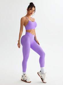Studio SHEIN Sport بدلة رياضية للنساء مكونة من ملابس علوية وبنطلون بلون أحادي بسيط، موضة صيفية لممارسة التمارين الرياضية