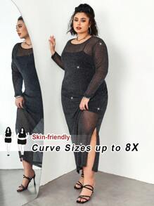 SHEIN CURVE+ Vestido de Body ceñido de talla grande con tirantes finos y malla negra de largo medio para mujeres