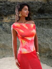 Opulessa Knitted Print Oblique Shoulder Fitted Cropped Women Shirt - Red - View 4