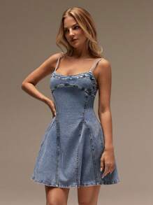 Forever 21 女士休闲腰部抽绳牛仔无袖连衣裙，夏季