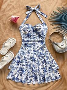 Soleia Vestido mini estilo halter para mujer, estampado de flores azul y blanco, estampado de árbol de coco, para verano y vacaciones en la playa