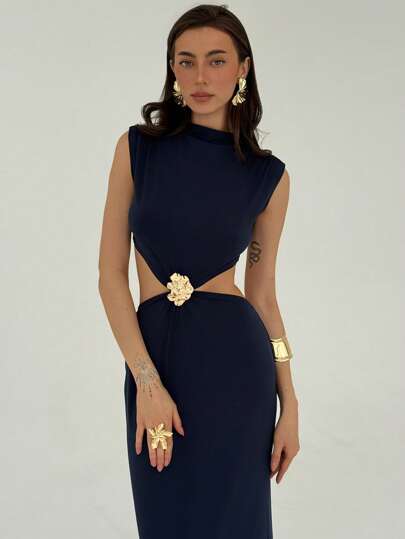 Aloruh Vestido de verano súper largo para mujer, con decoración de metal hueco