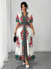 Elenzga Plus Size Women Casual Elegant Versatile Artistic Print Long Dress, Suitable For Summer, Back To School, Graduation, Festivals, Valentine's Day, Music Festivals, Mother's Day, Halloween, Thanksgiving, Easter, National Day, Dances, Dates, Parties, Outdoor Activities - Multicolor - View 6