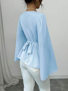 Elenzga Women Solid Color V-Neck Cross Wrap Tie Front Flare Sleeve Split Hem Elegant Blouse, Autumn Peplum Top