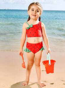 Young Girl Watermelon Print Tankini Swimsuit Set - Multicolor - View 5