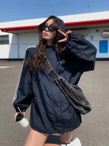 DAZY 女士条纹拼色宽松连帽夹克，秋装