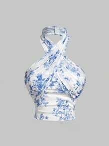 SHEIN MOD Floral Print Halter Neck Cropped Top With Cinched Waist,Streetwear  ,Old Money Style,Graduation ,Romantic ,Summer ,Festival,Vintage, Elegant,Tea Party ,Floral,Hawaiian ,Backles,Sexy ,Mesh,Sheer Top