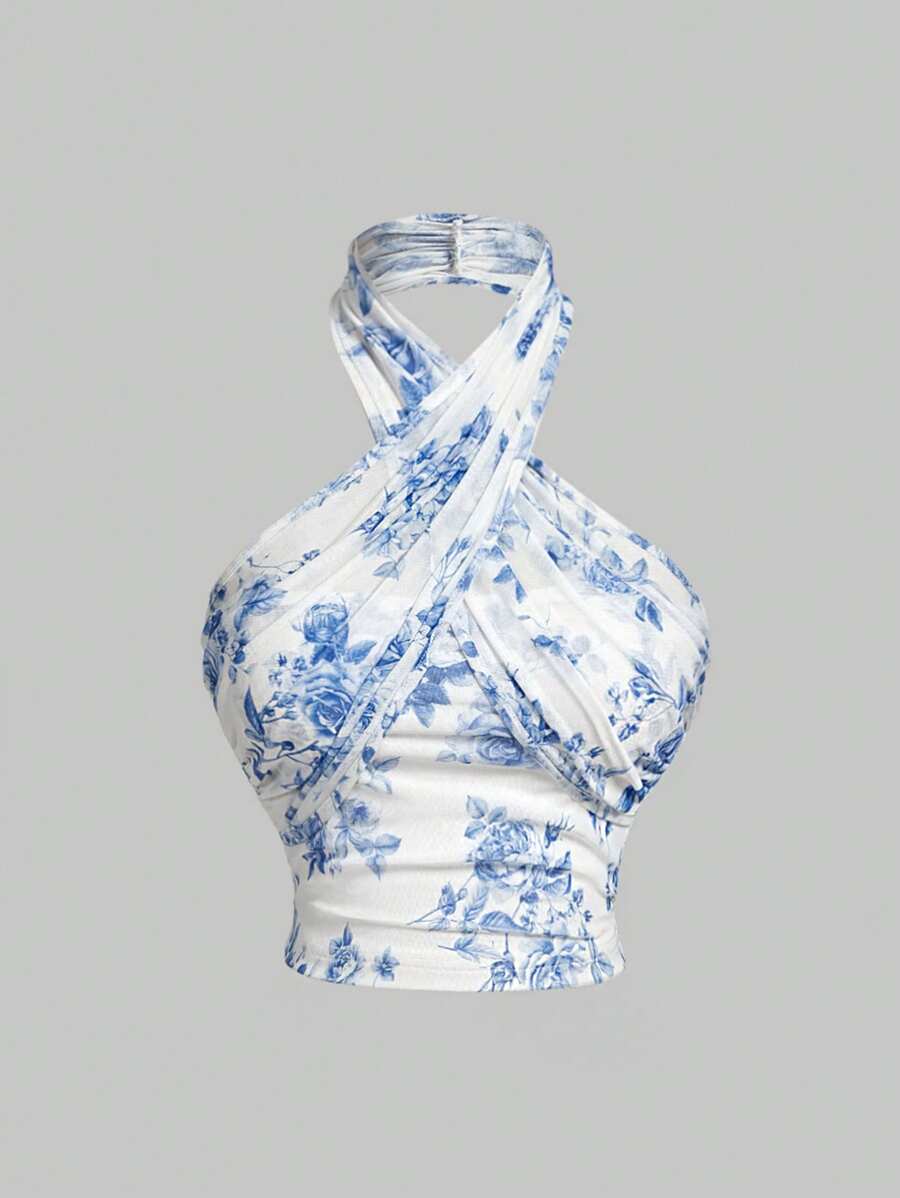 SHEIN MOD Floral Print Halter Neck Cropped Top With Cinched Waist,Streetwear  ,Old Money Style,Graduation ,Romantic ,Summer ,Festival,Vintage, Elegant,Tea Party ,Floral,Hawaiian ,Backles,Sexy ,Mesh,Sheer Top