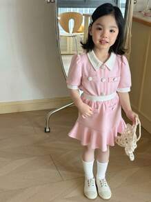 DAZY 年轻女孩优雅拼色泡泡袖衬衫和迷你裙两件套，夏季