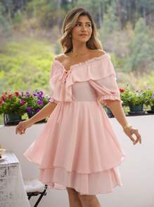 KURAYIA Plus Size Women Off Shoulder Ruffled Tie Neck Puff Sleeve Pink Solid Color Waisted Bohemian Style Spring/Summer Dress - Pink - View 4