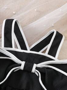 SHEIN 女婴优雅纹理面料对比蝴蝶结连衣裙 - 黑色 - 查看 5