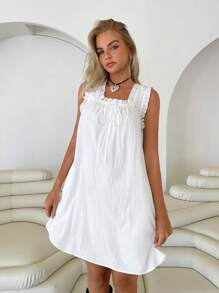 Roylia 女士方领荷叶边蝴蝶结喇叭下摆迷你连衣裙，春夏 - 白色 - 查看 3