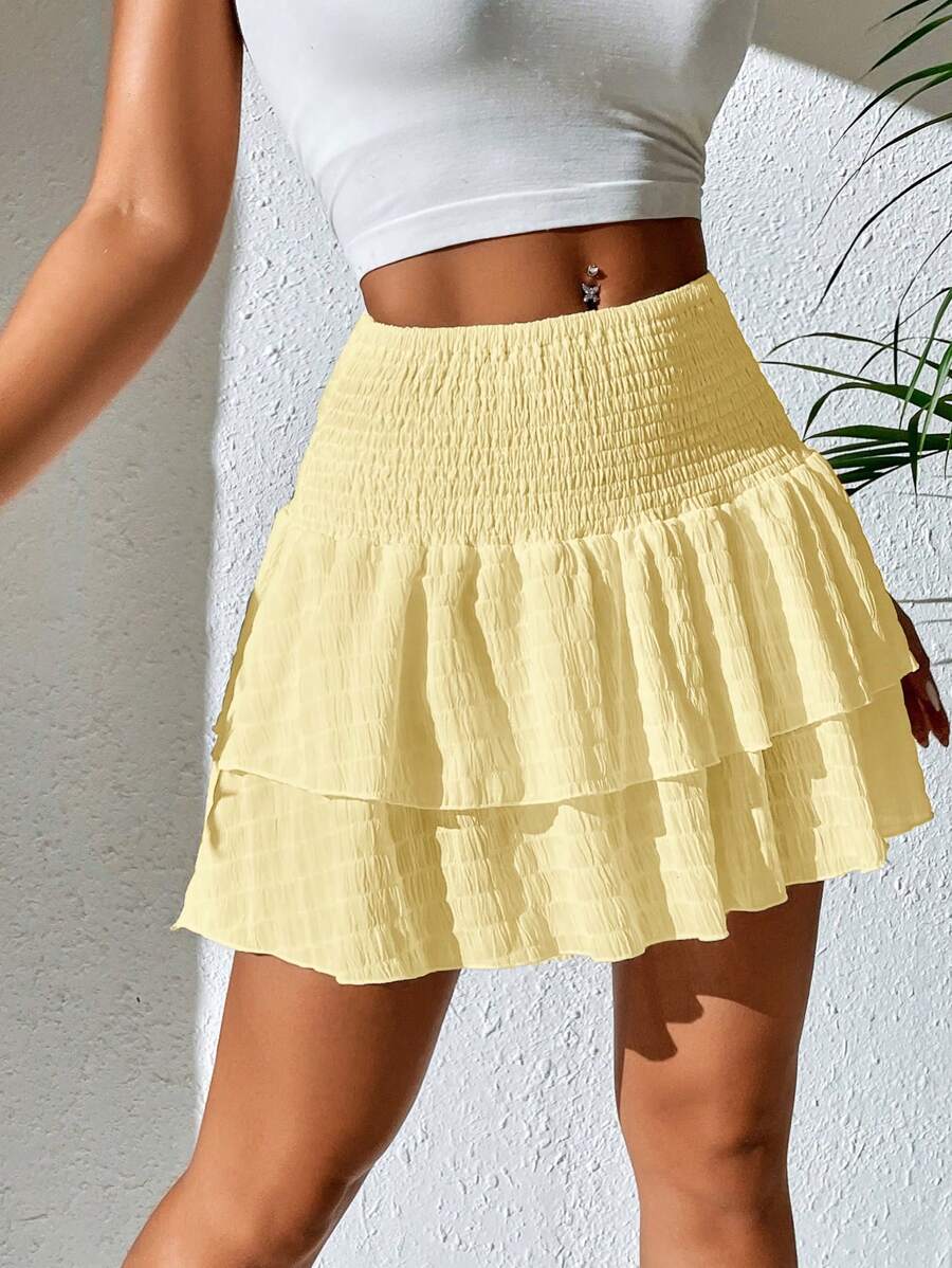 SHEIN PETITE Váy hè 2 lớp nhún bèo cho kỳ nghỉ hè - Màu vàng - Xem 1