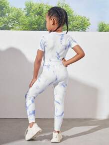 SHEIN Young Girl Tie Dye Print Short Sleeve T-Shirt And Pants Sports Outfit - Multicolor - View 2