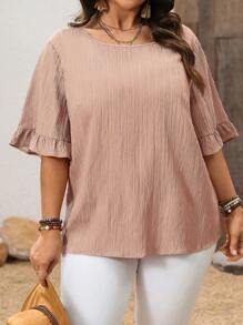 EMERY ROSE 加大码荷叶边下摆短袖衬衫，简约时尚休闲日常度假女士春夏装，西式女装，春夏装 - 粉色 - 查看 5