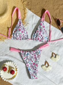 SHEIN Swim Women's Paisley Print Swimsuit Set, Lace-Up Print Top With Sexy Thong Bottoms, For Swimming Pool, Beach, Sunbathing, Resort Party For Summer Beach Vacation - Pink - View 1